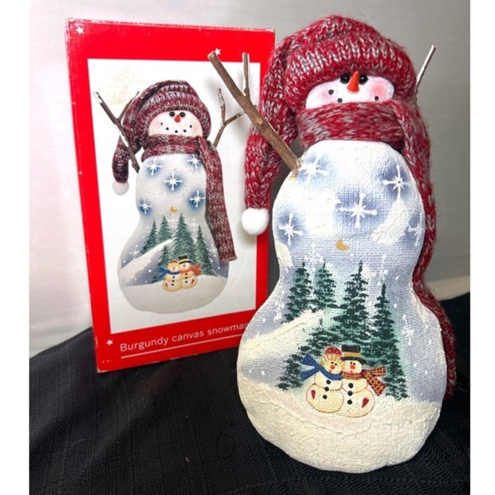 Y2k JCPenney Home Collection Burgundy Canvas Snowman Christmas Decor 11" Box